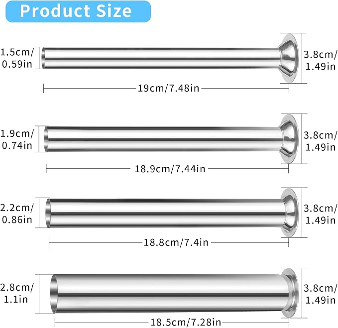 Sausage Stuffing Tubes Replacement for LEM Sausage Stuffers | 4 Sizes, Stainless Steel, Replacement for LEM 606,606SS,1606,1606SS Sausage Stuffers, Sausage Stuffer Funnels