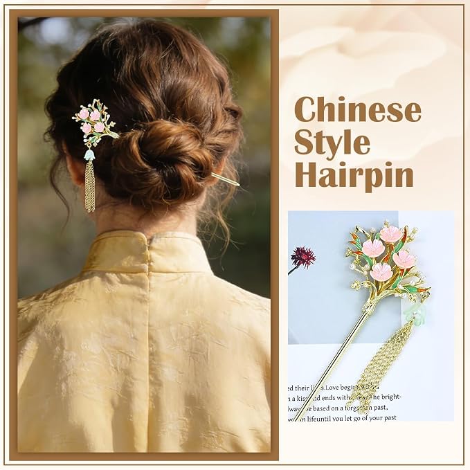 inSowni 8 Pieces Retro Asian Chinese Traditional Hanfu Gold Metal Fan Lotus Flower Butterfly Hair Pins with Bead Pendants Long Hair Sticks Forks Bun Updo Holders Hairpins for Women Girls (8PCS S6)