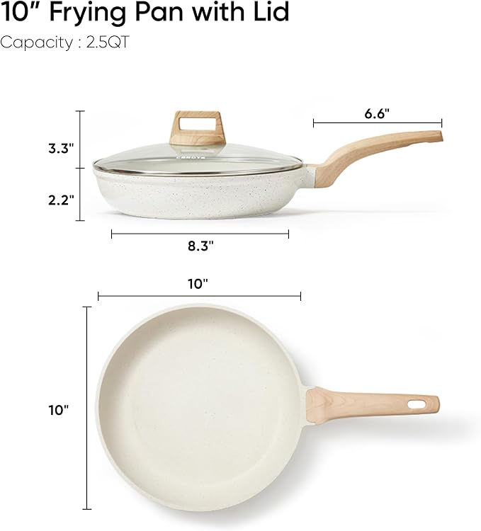 CAROTE Non Stick Frying Pan, 10 Inch White Granite Skillet with Glass Lid | Non Toxic Kitchen Healthy Cookware, Compatible with All Stovetop, Easy to Clean, PFOA Free