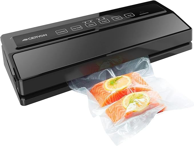 GERYON Vacuum Sealer Machine, Food Vacuum Sealer with Powerful Suction | Slim Design | Easy to Use | Led Indicator Lights for Sous Vide, Meal Prep, w/Starter Kits for Vacuum Seal Container (Black）