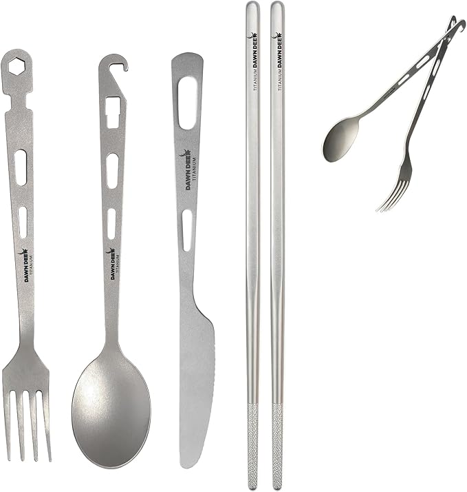 4Pcs- Titanium Fork Spoon Knife Chopsticks Set - Camping Tongs | Ultralight Backpacking Utensils, Travel Cutlery Set, Heat-Resistant & Rustproof, Hiking Survival Gear