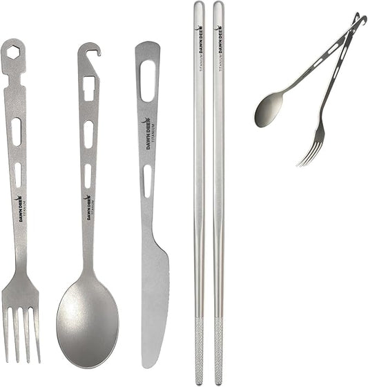 4Pcs- Titanium Fork Spoon Knife Chopsticks Set - Camping Tongs | Ultralight Backpacking Utensils, Travel Cutlery Set, Heat-Resistant & Rustproof, Hiking Survival Gear