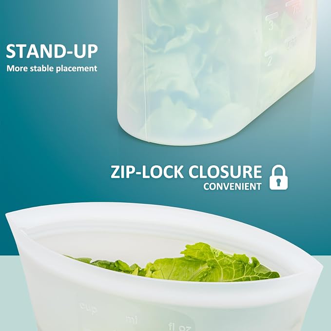 Small Reusable Silicone Food Storage Bags 4 Pack, 51fl oz/1500ml, 100% Silicone Stand-Up Wide-Open Zip-Lock Reusable Bags for Small Items, Microwave Freezer Oven Dishwasher Safe, Translucent