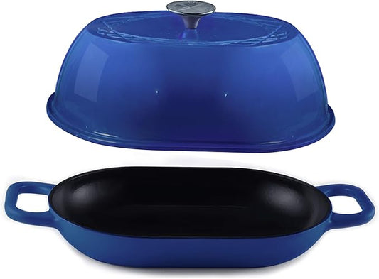 Enameled Cast Iron Dutch Oven for Professional Sourdough Bread Baking | 5.5 Quart Loaf Size Oval Cookware Pot with Lid | Triple-Layer Enamel Coating Pan with Non Stick Silicone Mat | Blue