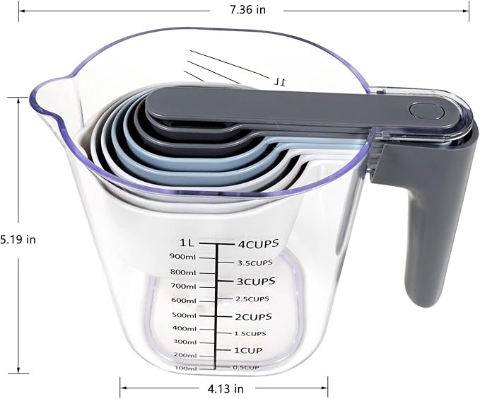 18-Pc Magnetic Measuring Cups and Spoons Set, with Lid, White | Includes 1 cover, 9 stackable cups set & 8 magnetic spoons, BPA-free & dishwasher safe, for liquid and dry baking