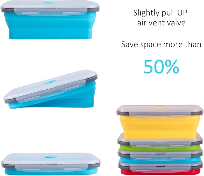 Collapsible Food Storage Containers with Airtight Lid, 40.5 oz, Large Kitchen Stacking Silicone Collapsible Meal Prep Container Set for Leftover, Microwave Freezer Dishwasher Safe, 4 Colors, Set of 4
