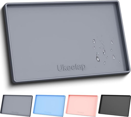 ukeetap 19" x 12" Extra Thick Silicone Mat Waterproof with Raised Edge, BPA Free Non-Slip Dog & Cat Food Mat, Feeding Mat for Food and Water Bowls, Spill Proof Mat to Protect Floors, Gray