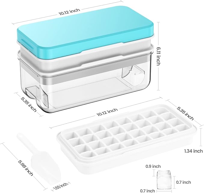 1.0" Ice Cube Tray with Lid and Bin, PHINOX 64 Cubes Ice Trays for Freezer, Ice Cube Trays for Freezer with 2 trays, Container, Lid & Ice Scoop, BPA Free, Blue(32Cubes/Tier)