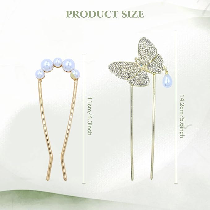 Lawie 10 Pack Cute Flower Butterfly U Shaped Gold Metal Hair Fork Pins Curved Chopsticks for Hair Sticks with Dangles French Hair Pins Bun Holder Decorative Hair Accessories for Women Girls (Gold A)