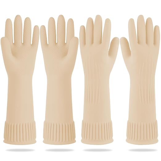 DABOGOSA Mamison 2 Pairs Reusable Waterproof Household Dishwashing Cleaning Rubber Gloves, Non-Slip Kitchen Glove (Ivory, Medium (Pack of 2))