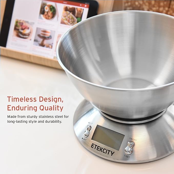 Etekcity Food Scale with Bowl, Timer and Temperature, Grams and Ounces | Stainless steel bowl with tare, temperature sensor, ideal for baking, coffee and meal prep