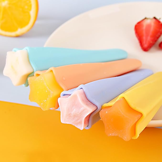Silicone Ice Pop Molds Popsicles Molds, 8 PCS Reusable Hand Held Popsicles Makers for Kids, Multicolored Star Shaped Ice Pop Molds with Attached Lid for DIY Ice Cream Yogurt Sticks Jelly Chocolate