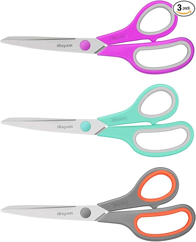 iBayam 8" Heavy Duty Scissors All Purpose for Office School Crafts Sewing | 3-Pack, 2.5mm Ultra Sharp Blades, 100,000+ Cuts, Comfort Grip Handles, Left & Right Handed – Teacher Desk & Classroom Must