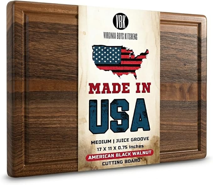 Made in USA Black Walnut Wood Cutting Board by Virginia Boys Kitchens - Butcher Block Wooden Carving Board with Juice Well made from Sustainable Hardwood (17x11)
