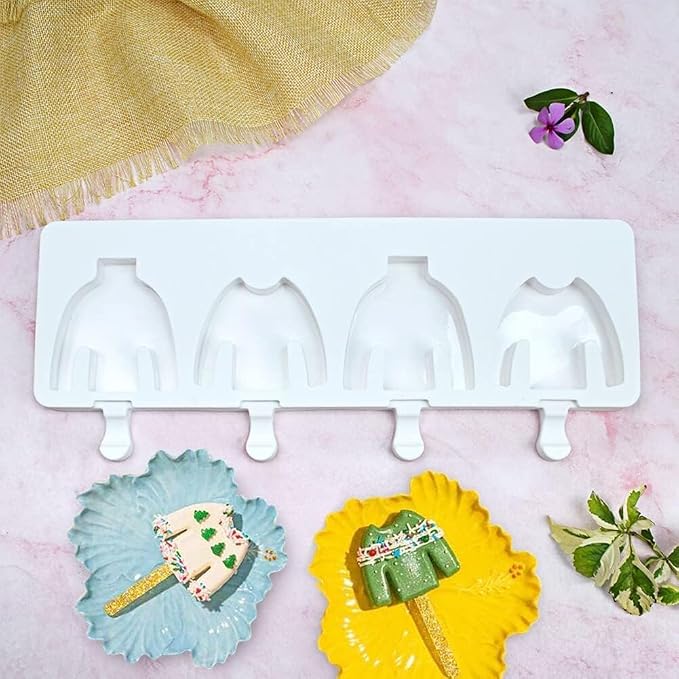 1 Pack Cute Sweater Shape Popsicle Molds Silicone Ice Pop Molds 4 Cavities Popsicle Molds for Kids Adults Ice Cream Mold Cakesicles Mould DIY Popsicle Maker Homemade Popsicle Silicone Molds Z