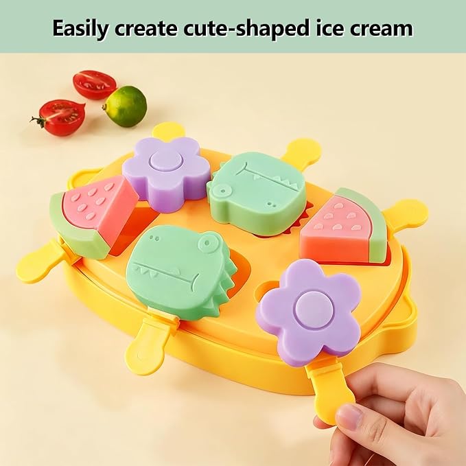 Silicone Popsicle Mold, Cute Popsicle Silicone Molds with 6 Sticks, Reusable Small Mini Ice Popsicle Molds Set, Easy to Clean and Dishwasher Safe (A-Yellow)