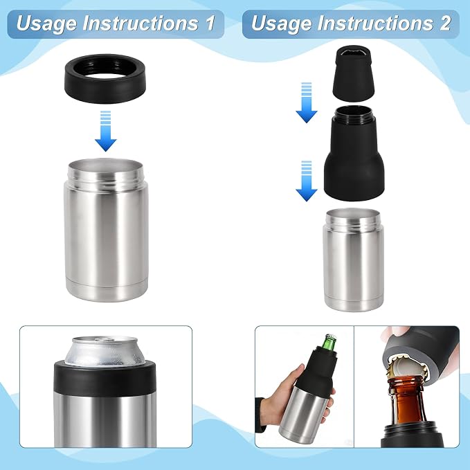12oz Universal Beer Bottle Holder Double Walled SS Beer Can Cooler | 3 in 1 Can Koozie with Beer Opener Vacuum Insulated - fit Fishing, Camping Outdoor Activities and Nice Gift for Men(Silver)