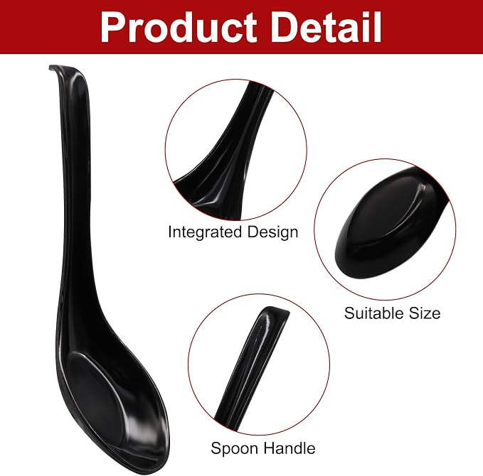 12 Pcs Soup Spoons Long Handle with Hook, Black | Asian Soup Spoons, For Chinese Japanese Dishes, Miso Ramen Dumpling Pho, Rice Noodle & Soba Soup