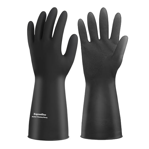 Heavy-Duty Thick Black Rubber Cleaning Gloves, 2 Pairs, XL | Reusable & waterproof black/orange dual layers. Non-slip design for dishwashing, kitchen cleaning, and auto care.