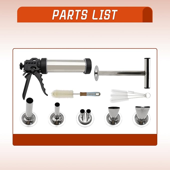 Hoypeyfiy Stainless Steel Jerky Gun Kit, Beef Jerky Maker Gun for Ground Meat, Manual Sausage Stuffer and Salami Maker with 5 Stainless Steel Nozzles, Meat Pusher and Cleaning Brushes