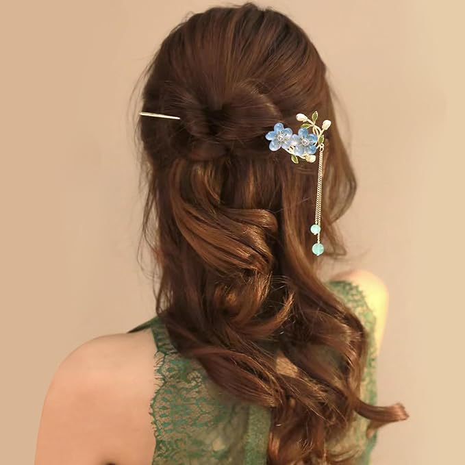 2Packs Lily of the Valley Chinese Hair Sticks for Buns, Pearl Flower Vintage Metal Hair Chopsticks for Women and Girls Dangle Tassel Pendant Accessories Hanfu Handmade Decor Hairpin (blue)