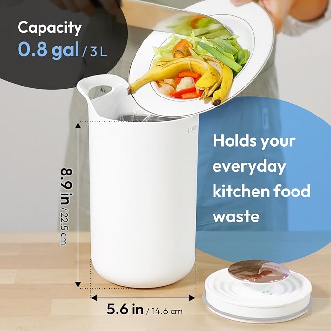 Carrotez Compost Bin for Kitchen Countertop, 0.8 Gallon (3 Liter) - White | Small Food Waste Bin with Lid, Odorless Vacuum Seal