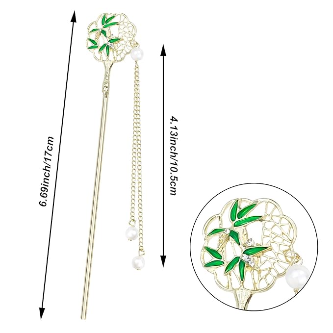 6PCS Chinese Hair Sticks Set, Gold White Japanese Hair Stick with Pearl Flower Bamboo Leaves Design Metal Hair Chopsticks Hair Bun Updo Holders Long Thick Hair Accessories for Women