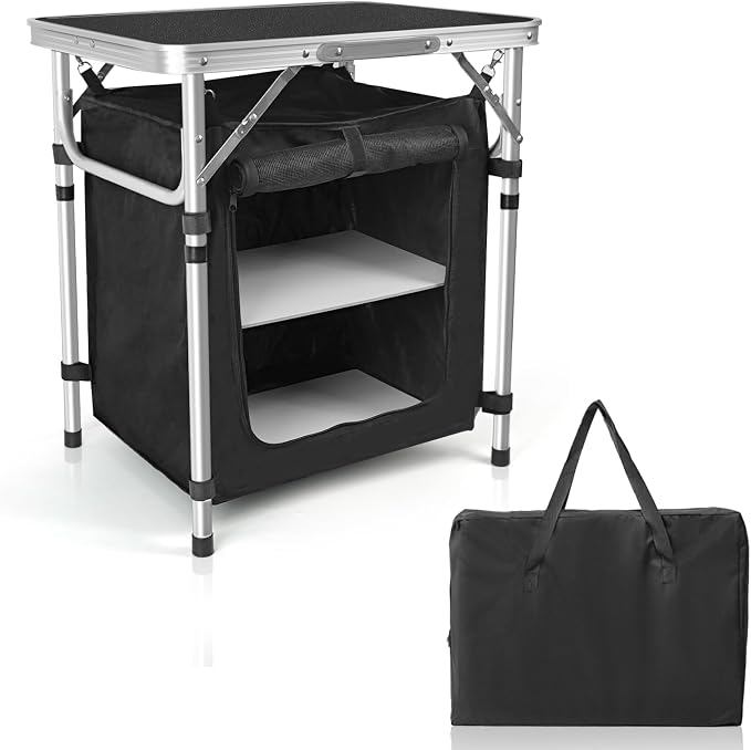 CampLand Folding Cooking Table Outdoor Portable Cook Station Aluminum Camping Kitchen with Storage Organizer, Windscreen, Hooks for BBQ, Party (SamllBlack)