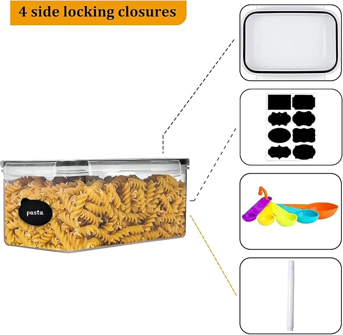 4pc 3.2L Large Airtight Plastic Canisters with Lids, Cups & Labels | Plastic Food Storage with Labels for Spaghetti, Cereal, Oats & Kitchen Pantry Organization, 4 Pack