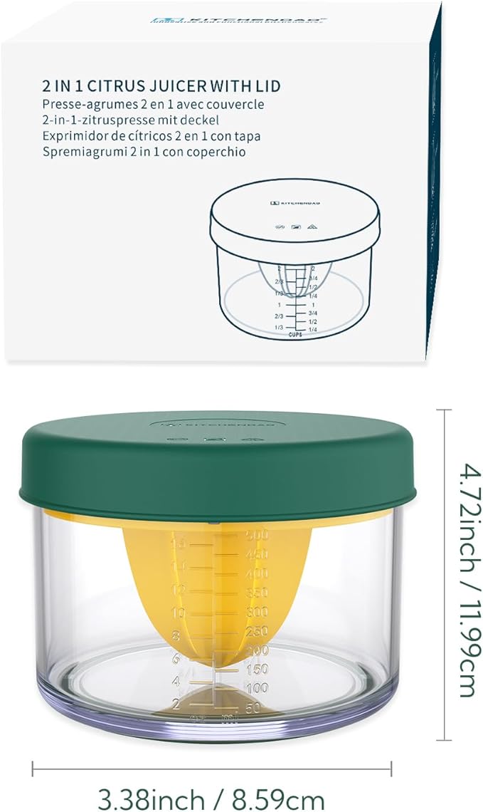 KITCHENDAO 2 in 1 Lemon Orange Citrus Juicer with lid for Sanitary Storage, Manual Hand Squeezer with Built-in 16OZ Measuring Cup, Multi-function Manual Juicer with Reamers and Non-Slip Base, BPA Free
