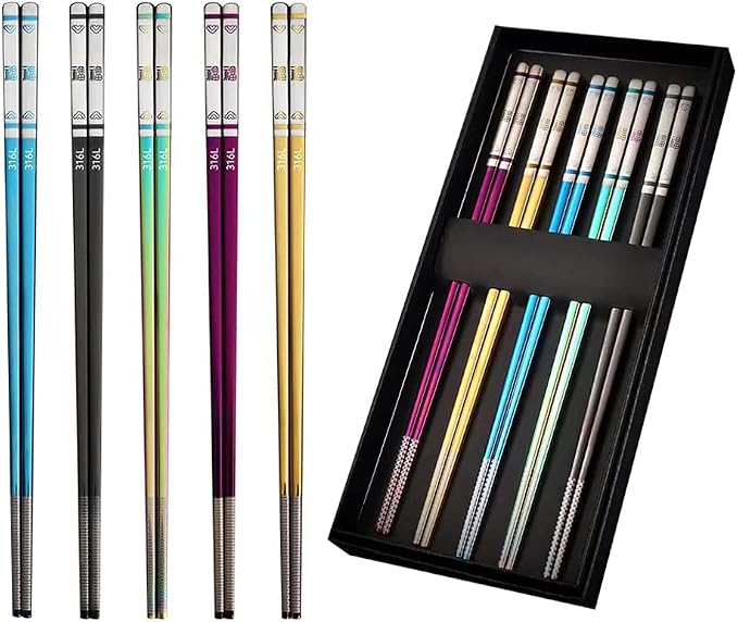 5 PaIrs Color 316 Stainless Steel 18/10 Reusable Chopsticks Set With Case Rainbow Multicolor Non-Slip Chopsticks Black Purple Gold Colored Blue For Dining Sushi Noodle Hot Pot,Dishwasher Safe
