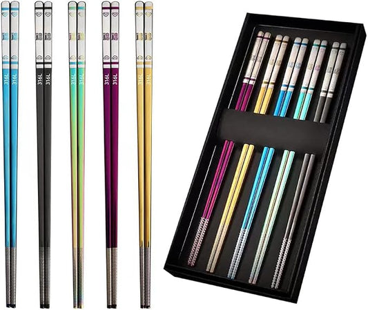 5 PaIrs Color 316 Stainless Steel 18/10 Reusable Chopsticks Set With Case Rainbow Multicolor Non-Slip Chopsticks Black Purple Gold Colored Blue For Dining Sushi Noodle Hot Pot,Dishwasher Safe