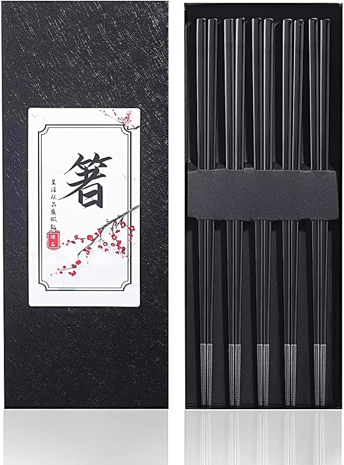 Metal Chopsticks Reusable Black Titanium Plated Stainless Steel Chopstick Dishwasher Safe Chop Sticks Japanese Korean Square Chopsticks 9.5Inches Non-Slip for Beginners Food Cooking 5 pairs Gift Set