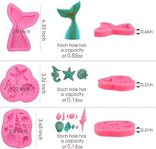 SAKOLLA Mermaid Theme Silicone Fondant Mold - Mermaid Tail Seashell Starfish Hippocampus Conch Silicone Mold for Under The Sea Cake Decoration, Gum Paste, Polymer Clay, Cupcake Decor, Sugar Craft