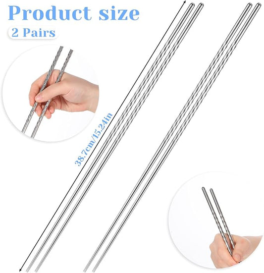 2 Pairs Stainless Steel Chopsticks with Non Slip Threaded, 15.3 Inch Extra Long Cooking Chopsticks Reusable for Hot Pot, Noodle, Cooking, Frying (Silver)