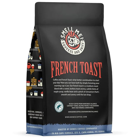 Bones Coffee Company French Toast, Sweet and Buttery Flavored Coffee, Medium Roast Low Acid Arabica Beans Compatible with Auto drip and French Press Coffee Maker, 12 Oz Ground