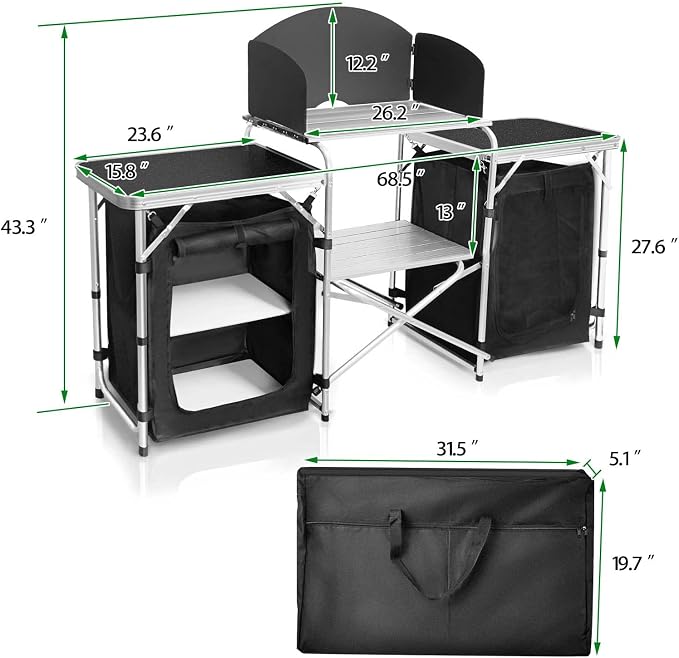 CampLand Folding Camping Kitchen Table with Windscreen,Portable Outdoor Cooking Station with Storage Cabinet & Side Tables Heavy Duty Camp Cook Station for Camping & BBQ (Black2cabinet)