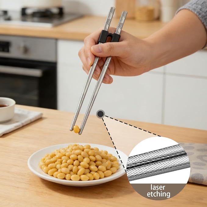 6Pairs Stainless Steel Chopsticks with Training Helper Grips, Reusable Metal Chopsticks with Laser Engraved Non-Slip Tips (9.25 Inches)