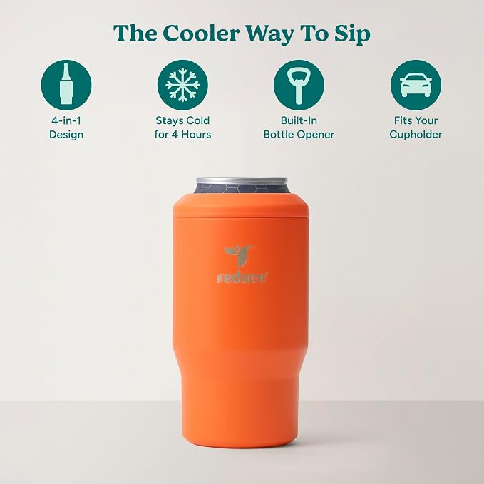 Reduce 4-in-1 Drink Cooler - Versatile Can & Bottle Holder with Vacuum Insulation - Keeps Drinks Cold Up to 4 Hours - Includes Bottle Opener - Fits Cupholders & Dishwasher Safe - 14oz - Orange Rush
