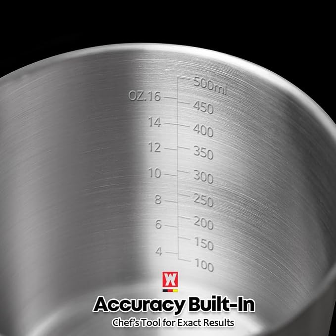 WAGENSTEIGER 18/8 Stainless Steel Measuring Cup: Metal Measuring Pitcher with Engraved Oz & ml Markings, Precision Pour Spout & Sturdy Handle – Baking, Coffee & Barista Use (500ml / 16.9Oz)