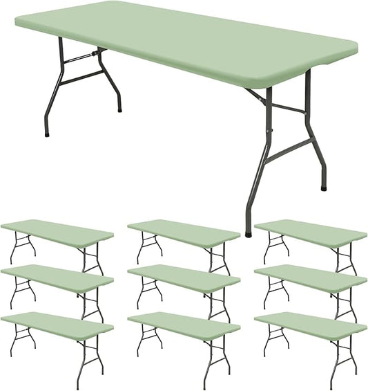 10 Pack Fitted Tablecloth for 6 Foot Rectangle Tables, Sage Green Elastic Outdoor Picnic Table Cover, Washable Stretch Folding Table Cloths 6 ft for Camping Party Patio Kitchen Banquet, 30" W x 72" L