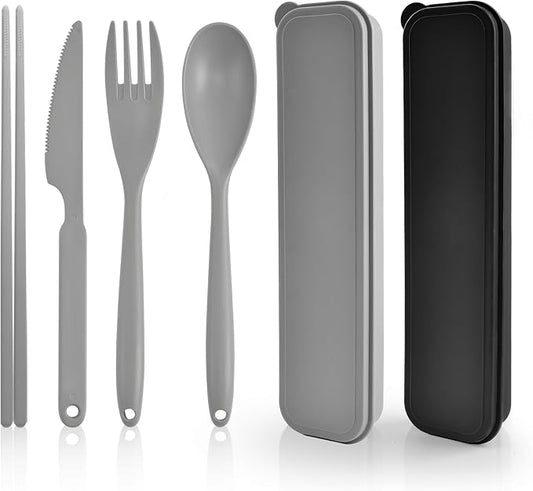 2 Sets Large Reusable Utensils Set with Case, Portable Cutlery Sets | Plastic, Black and Grey, Chopsticks Fork Spoon Knife Set with Lunch Box, For Camping Travel Daily Lunch Use Picnic Outdoor