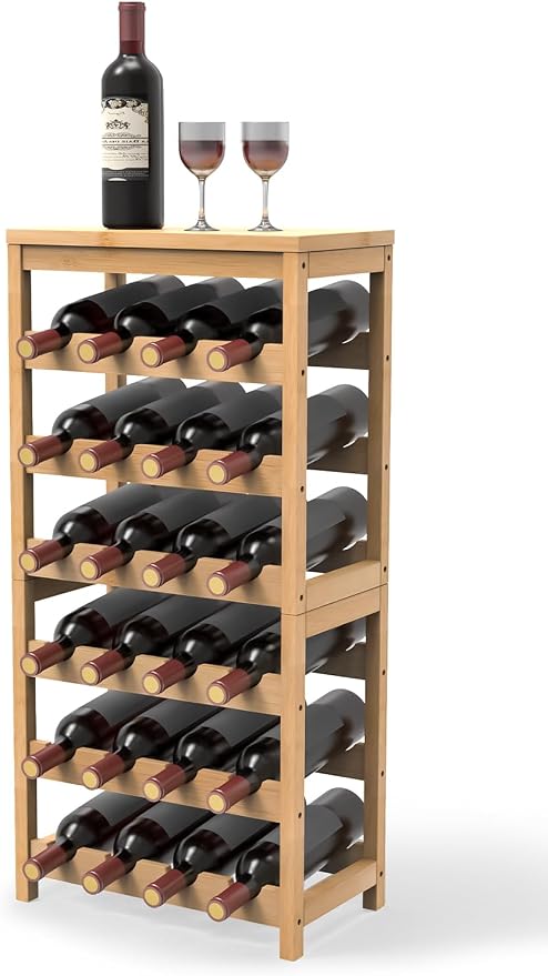 24 Botttle Wine Rack Freestanding Floor 6 Tier Bamboo Wine Rack Storage | 6 Tier Wine Rack Wine Storage Shelves for Kitchen Bar Dining Room Living Room Bamboo
