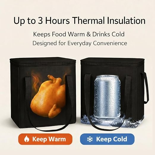 2-Pack, XL-Large Insulated Grocery Shopping Bags, Black, Reusable Bag | Thermal Zipper,Collapsible,Tote,Cooler Bag,Transport hot and Cold,Camping groceries Insulated Food Delivery Bag
