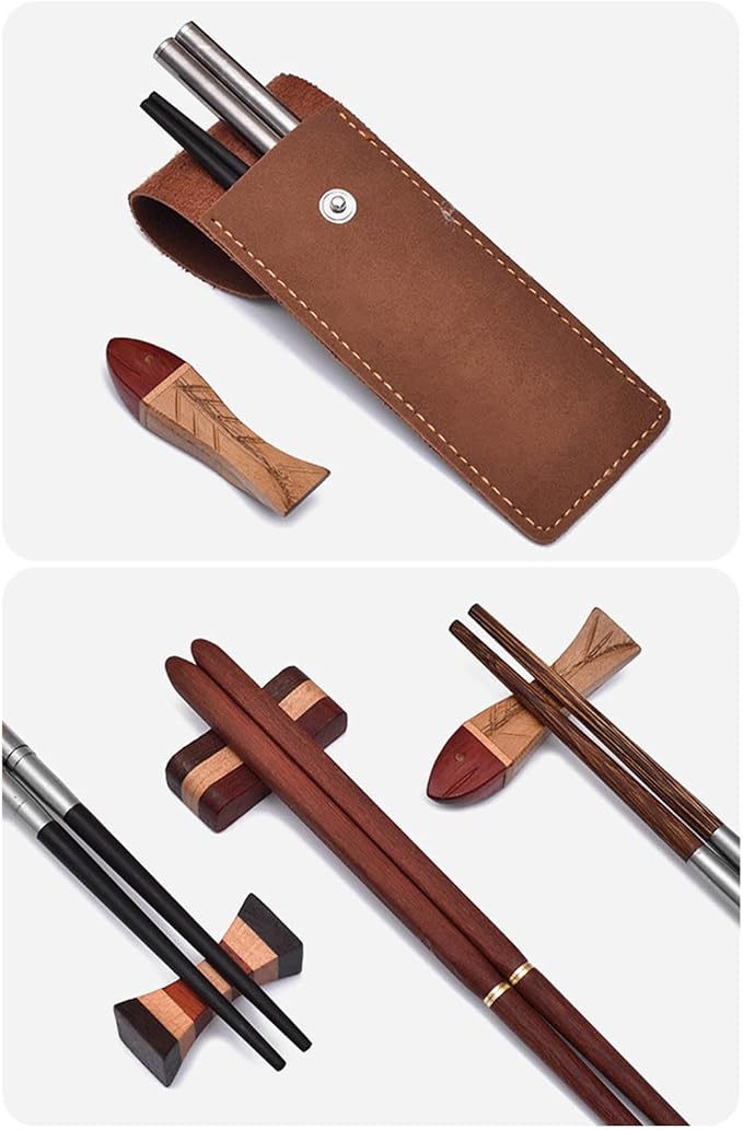 Foldable Chopsticks Travel Friendly Chopsticks with Leather Case Wood Tablewares Convenient Utensils for Outdoor Use, 20.8CM