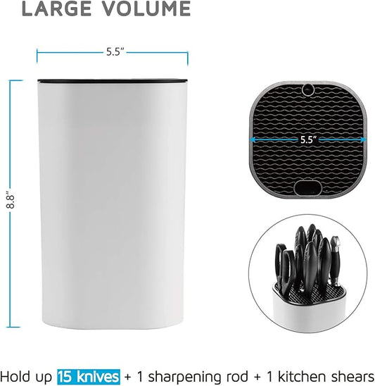 Universal Knife Block for Kitchen, WELLSTAR Knife Holder without Knives, Safe Space Saver Large Volume Stable Knife Storage with Scissors and Sharpening Rod Slot, Detachable for Easy Cleaning - White