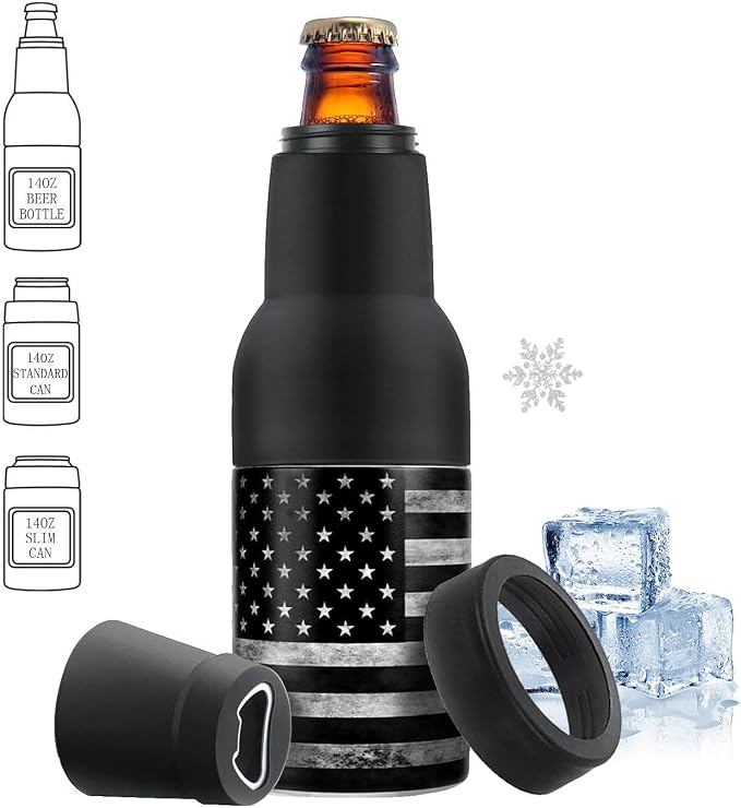 Stepstall 14 oz. Beer Bottle and Can Cooler with Beer Opener,3 in 1 Slim Can Beer Bottle Insulators Holder, Stainless Steel Double Walled Insulated Can Cooler for Beer,Soda, Black Flag