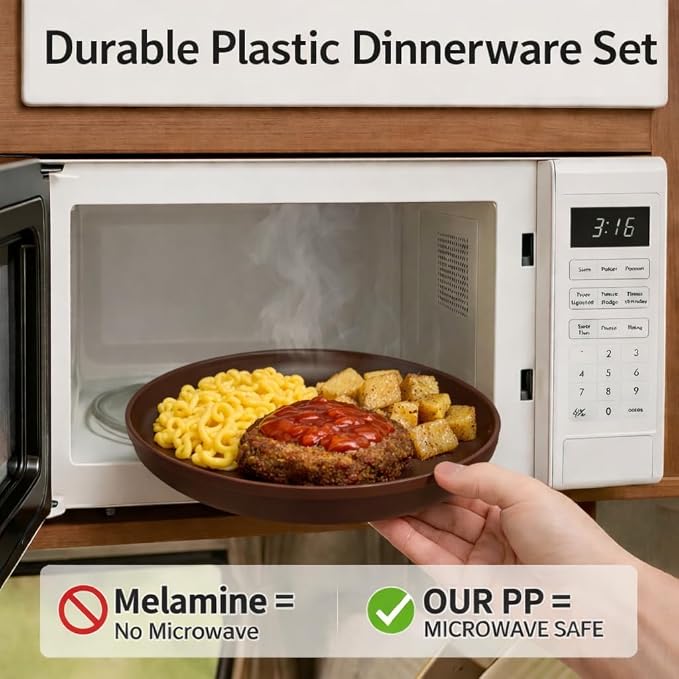 40 Piece Plastic Dinnerware Set for 8 with Cutlery, Unbreakable Plates and Bowls Set, Dishwasher & Microwave Safe Reusable Dish Set for Camping, RV, Outdoor Kitchen, Apartment Dining, Brown