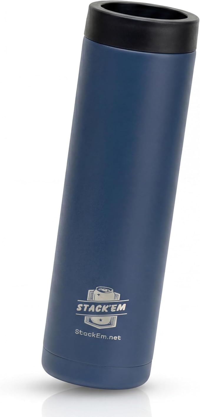 Stack'Em Patented Double Can Cooler Insulator - Holds Two 12 oz Cans - Stainless Steel Stackable Thermocooler - Reusable Drink Holder for Beer, Seltzer, Soda, Energy Drinks (Blue)