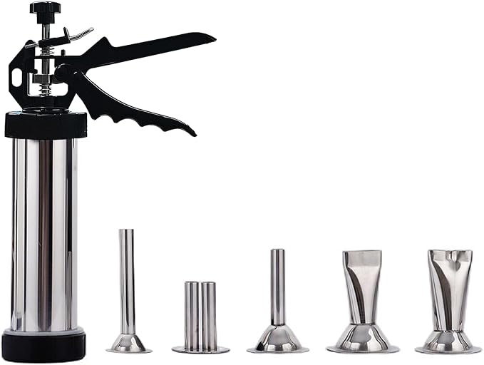 Beef Jerky Gun Kit, Stainless Steel Meat Gun with 5 Nozzles | 304 Stainless Sausage Gun with Easy squeeze Handle, 5 Nozzle Shapes, Dishwasher Safe, Quick Clean, 1.5LB Capacity